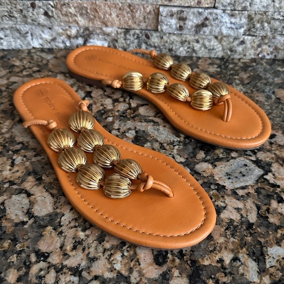 Tory Burch Capri Beaded Orange Leather Thong Sandals Size 7 - Picture 3 of 9